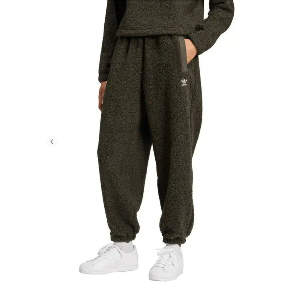 Adidas Originals Womans Sherpa Fleece Joggers Olive Green Trefoil Pants M